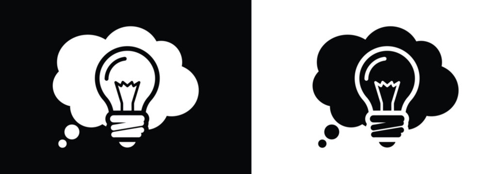Idea Cloud Light Bulb Icons &ndash; Creative Thinking and Innovation Symbol in Flat Black Silhouette Style, Business Vector Isolated Background

