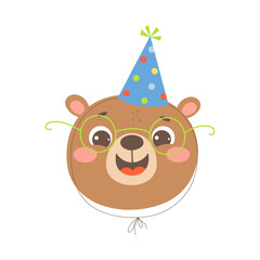 Cute bear in a festive hat. Birthday party funny animal character. Vector hand-drawn cartoon illustration.