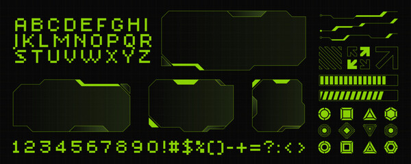 Futuristic green HUD elements and interface components including arrows, frames, shapes and pixel alphabet and numbers in a high-tech sci-fi style. Collection for games, cyberpunk or UI UX design 