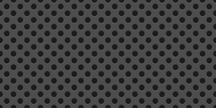 Dark grey perforated metal plate with circular holes. Realistic iron grill with 3d dot holes. Circle mesh backdrop forming a modern industrial pattern. Steel speaker grid. Vector illustration