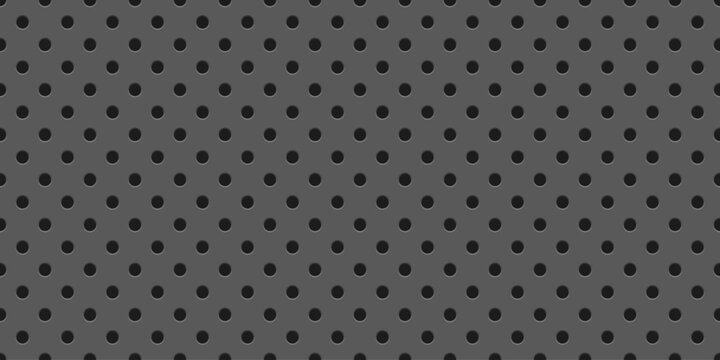 Dark grey perforated metal plate with circular holes. Realistic iron grill with 3d dot holes. Circle mesh backdrop forming a modern industrial pattern. Steel speaker grid. Vector illustration