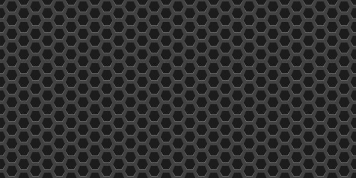 Dark grey perforated metal plate with hexagonal holes. Realistic iron grill with 3d hex holes. Hexagon mesh backdrop forming a modern industrial pattern. Steel speaker grid. Vector illustration