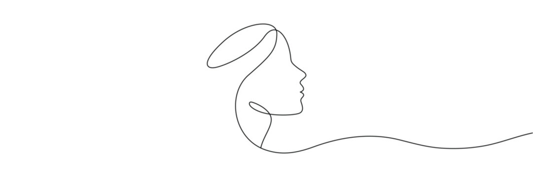 Continuous one line drawing of a woman profile face silhouette for beauty and fashion design. Minimalist art style. Editable stroke. Doodle hand drawn vector illustration