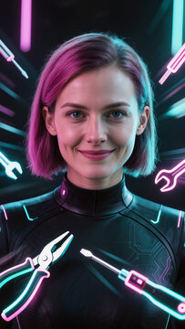 Portrait of a young woman in futuristic suit surrounded by neon tools on dark cyberpunk background.
