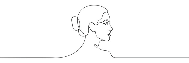 Continuous one line drawing of a beautiful woman profile face minimalist black ink sketch art. Editable stroke. Doodle hand drawn vector illustration © SomDraw