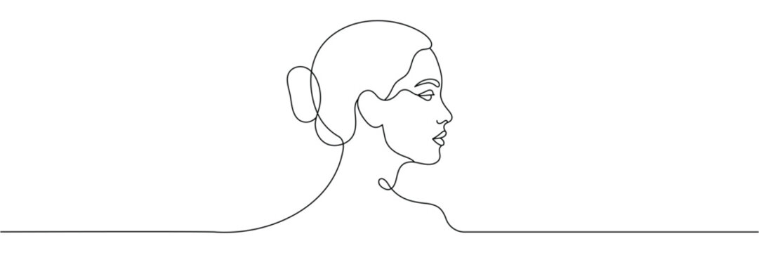 Continuous one line drawing of a beautiful woman profile face minimalist black ink sketch art. Editable stroke. Doodle hand drawn vector illustration