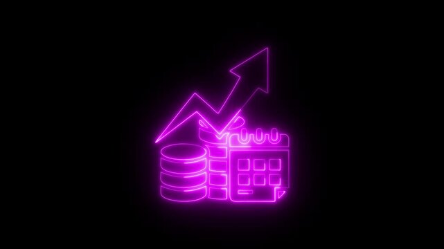 Financial planning neon motion graphic featuring stacks of coins calendar and rising growth arrow icon