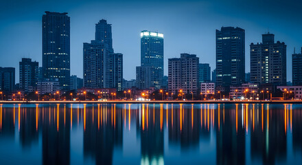 Obraz premium Dhaka City Skyline at Twilight Reflected in Water with Illuminat