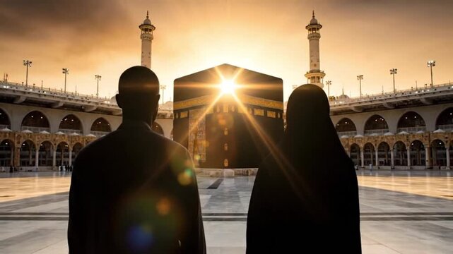 Silhouettes of Muslim couple facing Kaaba at sunset Mecca Saudi Arabia Hajj Umrah