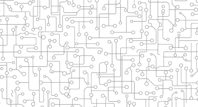 Vector illustration of a complex circuit board pattern with interconnected lines and nodes on a white background