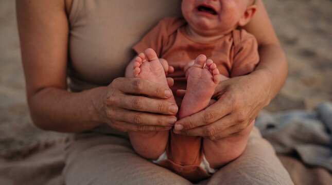 Mother's hands gently massaging her crying baby's feet.
