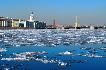 St Petersburg Russia, historic buildings of the University Embankment across the Neva river, spring architecture landscape
