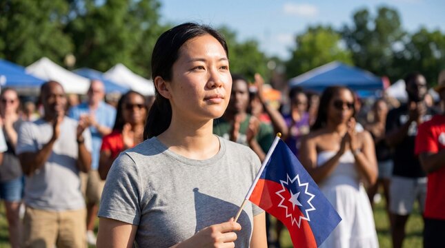 Asian woman ally holding Juneteenth flag at outdoor community festival.