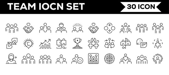 Obraz premium Team Icon Set, 30 Teamwork and Collaboration Line Icons for Business and Corporate Design