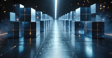Futuristic corridor. Rows cubes extend toward bright light source. Dark, glossy floor reflects illumination. Digital aesthetic dominates scene.