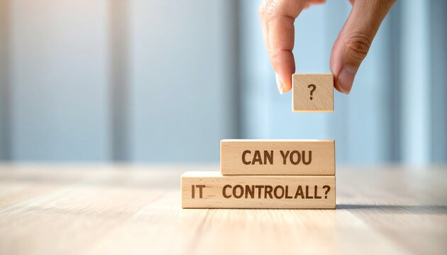 businessman holding a business card,&nbsp;The blocks read the rhetorical question "CAN YOU CONTROL IT ALL?" which is equipped with a question mark symbol