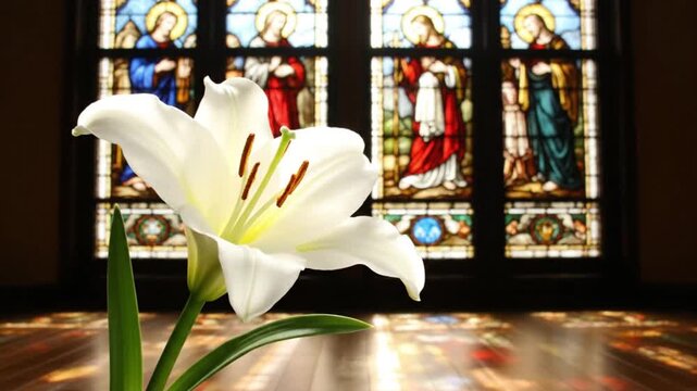 White Easter Lily Blooming Against Stained Glass Window in Church