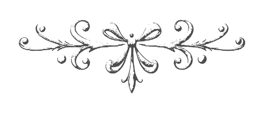 Retro style vignette or decorative divider print for text, book or invitation embellishment, with swirls and floral centerpiece, ornamental art.