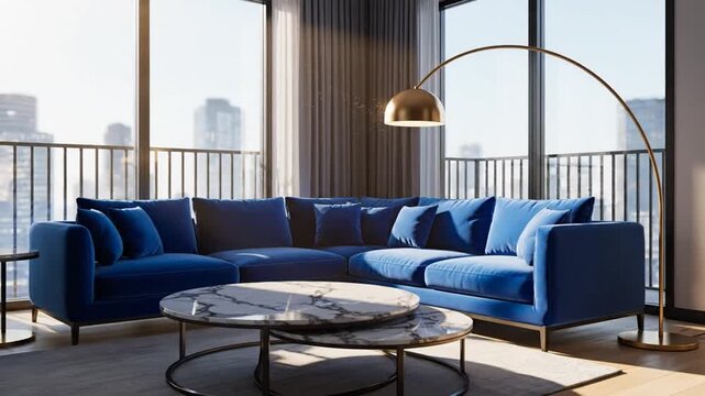 Modern living room interior blue sofa coffee table and stylish decor