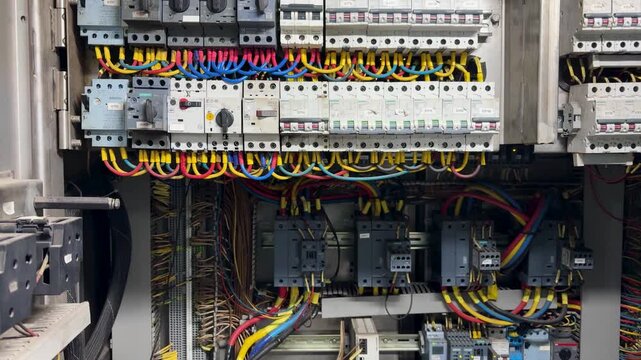 industrial electrical distribution panel with circuit breakers and wiring inside control cabinet