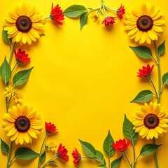Obraz premium Floral frame of sunflowers and red flowers on a yellow surface. Summer or spring border with space for text