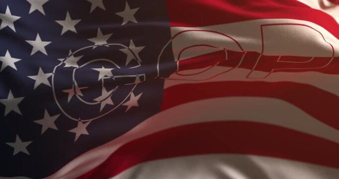 GOP word in a united states flag waving at sunset. Loop