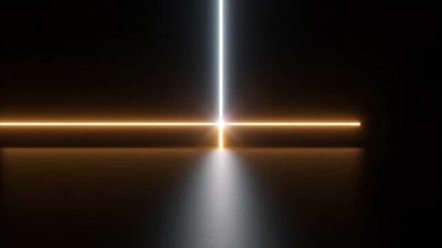 Abstract scene with intersecting white and orange neon light lines on black