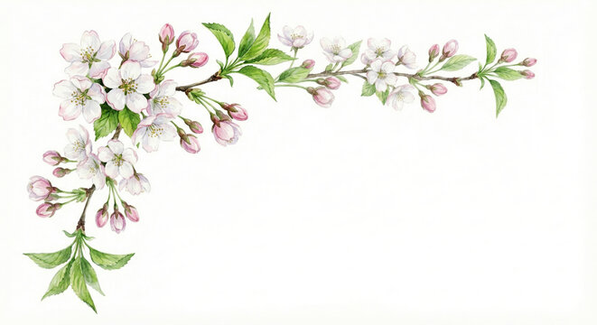 Watercolor Cherry Blossom Corner Border with Copy Space