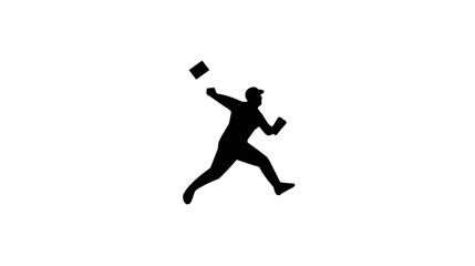 Fototapeta premium A black silhouette of a person in motion throwing an object and wearing a cap against a white background