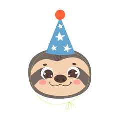 Funny sloth in a party cone hat. Vector cartoon illustration for children`s birthday party designs.