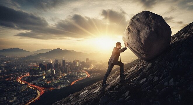 Sisyphean corporate businessman pushing giant boulder uphill urban challenge success metaphor