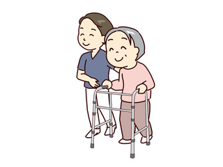 Elderly Person Walking with a Walker and Healthcare Worker Assisting