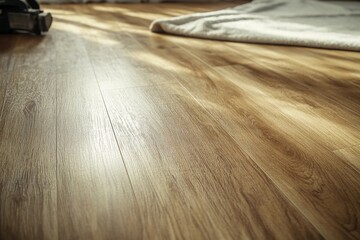 Worker installing wooden laminate flooring with tools