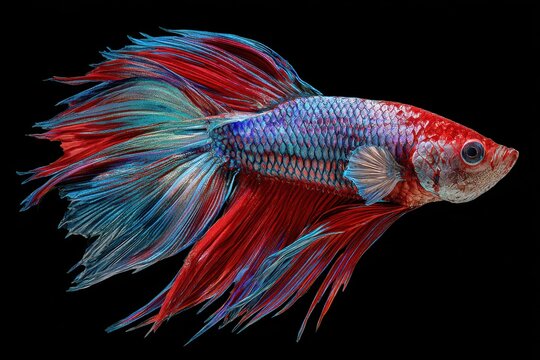 Close-up portrait of a betta splendens against a dark backdrop, iridescent scales