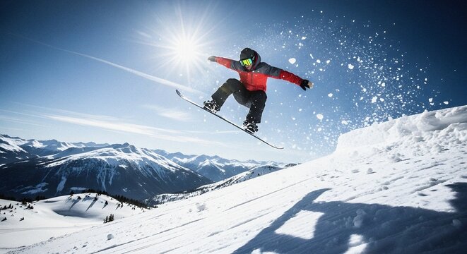 Starburst sun flare exploding snow aerial freestyle snowboarding winter action sport