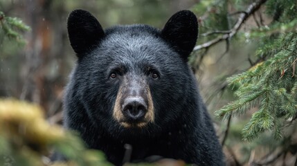Obraz premium Close-up portrait of a wild black bear gazing directly at the viewer in a forest setting