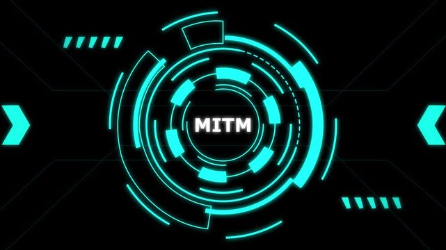 Man in the Middle Cyber Attack Concept with Glowing MITM Neon Hologram on Dark Background.