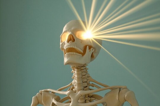 Skeletal figure with glowing skull beams illuminating a dark space in an eerie atmosphere