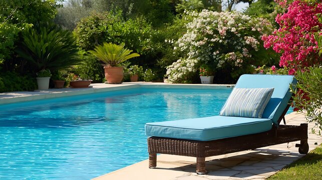 Elegant poto of Luxurious swimming pool with blue lounge chair in a vibrant green garden