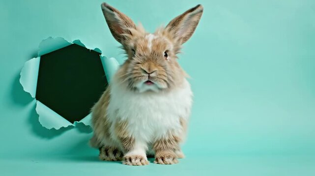 Fluffy lop-eared bunny jumps out from a torn hole in vibrant turquoise paper background with copy space