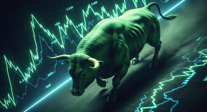 Green textured digital neon bull market charge uptrend investment growth finance