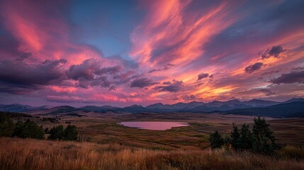 Obraz premium Colorful Cloudscape and Silhouetted Peaks at Sunset