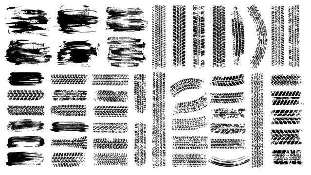 Diverse set of grunge brush strokes and tire tracks for texture and design elements