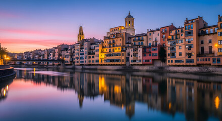 Fototapeta premium Girona Houses along the Onyar River reflecting the colorful suns