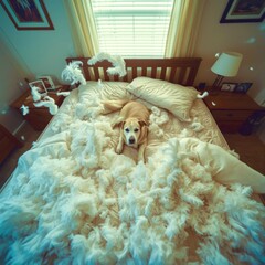 A dog is laying on a bed covered in white feathers