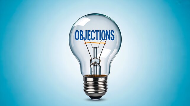 Objections word inside light bulb representing business challenge concept
