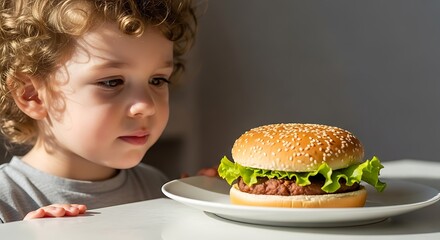 Young child looking curiously at a hamburger on white plate