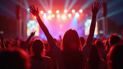 Large happy crowd partying together at an outdoor summer music festival facing a main stage with powerful colorful stage lights hands raised