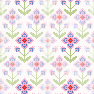 Cross Stitch Embroidery Pink Folk Floral Seamless Pattern. Traditional folk needle point art perfect for fabric, wallpaper, home textiles, packaging, and craft-themed designs.