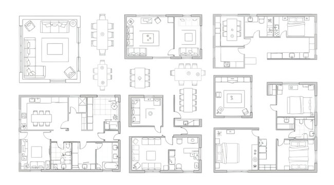 A collection of house floor plans on a white background
